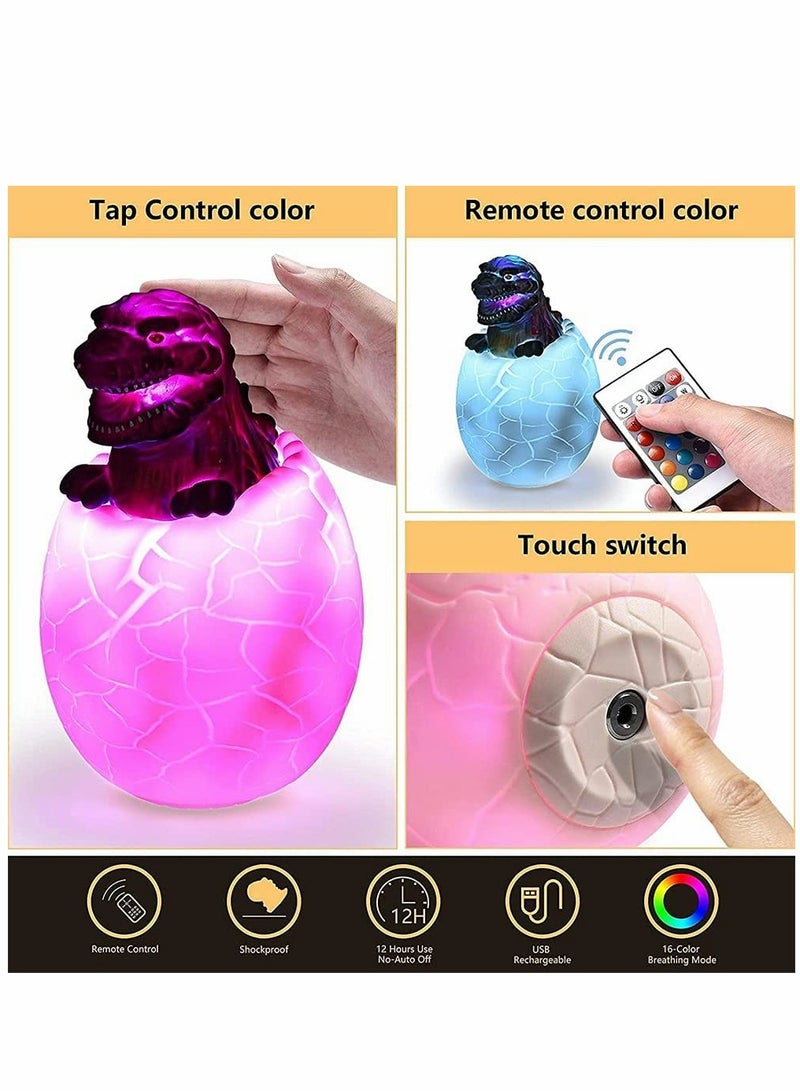 Dinosaur Night Light for Kids, Nursery Light for Baby and Toddler, Remote, Tap, Touch Control, USB Rechargeable Battery, Portable Animal Lamp for Bedroom, Safe Toys, 16 Colors Changing