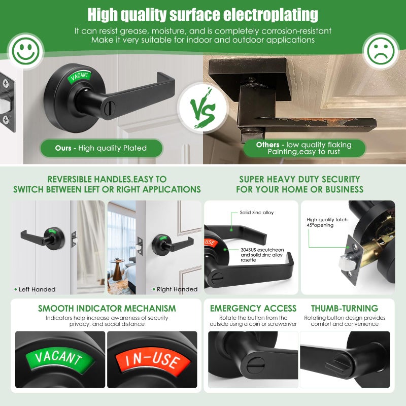 Annfuz Privacy Door Handle Lock With In-Use Or Vacant Indicator For Men/Women Restrooms Commercial Grade Ansi Grade 2 Bathroom Lever Door Lock Perfect For Public Washrooms Matte Black - Image 3