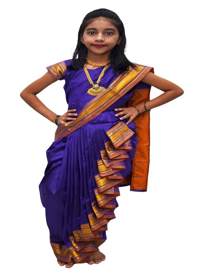 LUSTER Shahi Mastani Nauvari saree for kids/girls Ready-to-wear with a stitched blouse, Traditional Maharashtrian Marathi saree, for School program ganpati pujas festival (Navy Blue, 18-24 Months) - Image 4