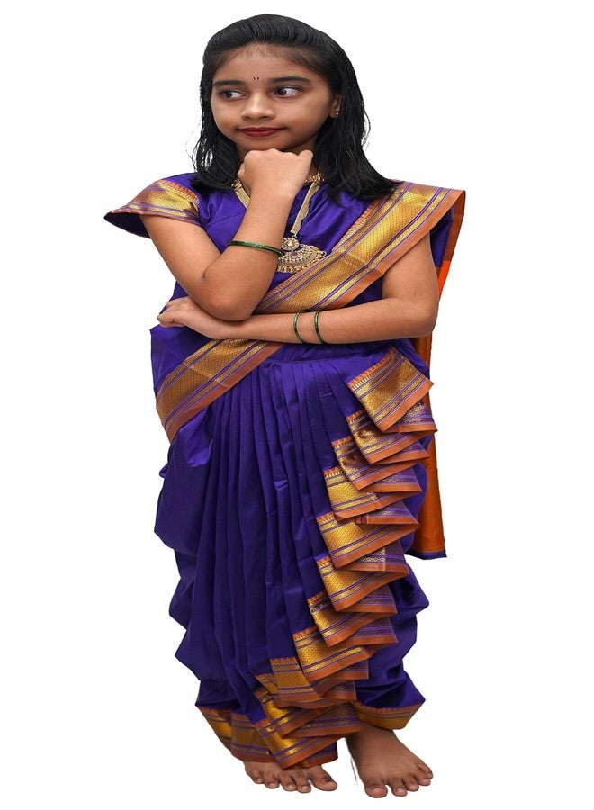 LUSTER Shahi Mastani Nauvari saree for kids/girls Ready-to-wear with a stitched blouse, Traditional Maharashtrian Marathi saree, for School program ganpati pujas festival (Navy Blue, 18-24 Months) - Image 1