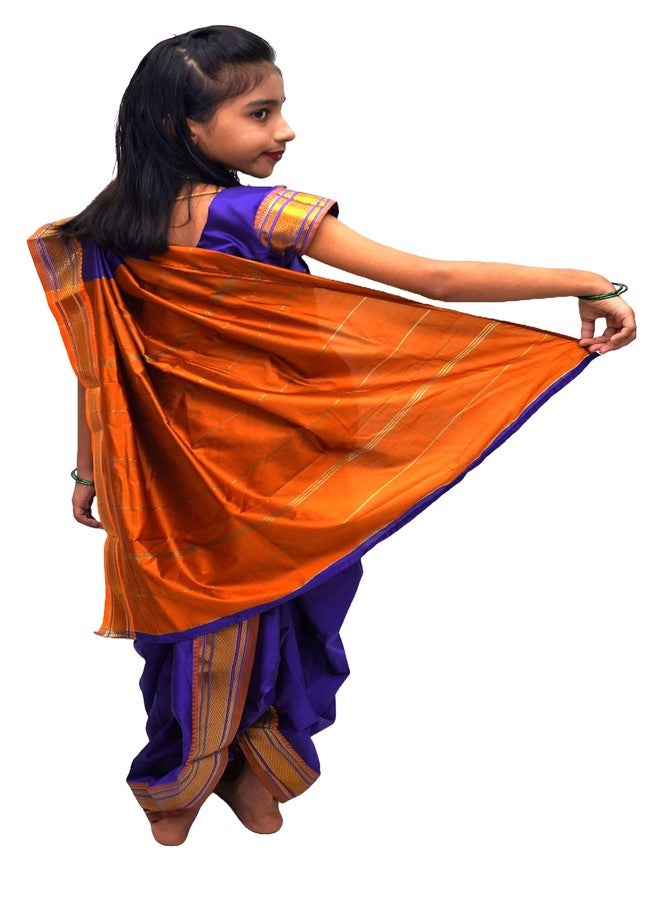 LUSTER Shahi Mastani Nauvari saree for kids/girls Ready-to-wear with a stitched blouse, Traditional Maharashtrian Marathi saree, for School program ganpati pujas festival (Navy Blue, 18-24 Months) - Image 3