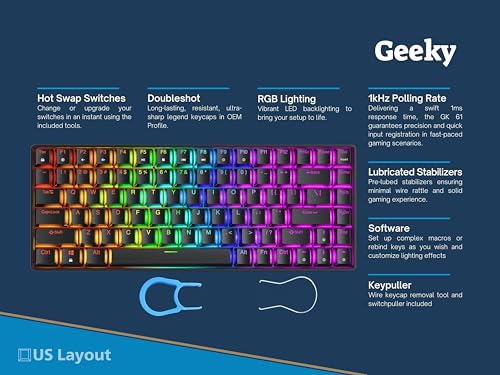 Geeky GK75 75% | Hot Swappable Mechanical Gaming Keyboard | 84 Keys Multi Color RGB LED Backlit for PC/Mac Gamer | ANSI US American Layout (Black, Mechanical Speed Yellow) - Image 2