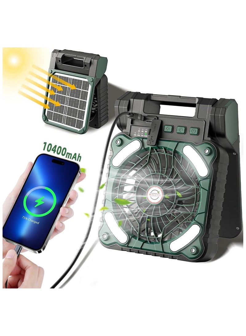 Solar Powered Fan,10400mAh rechargeable Solar Power Cordless Battery Fan with LED Lantern | 4 Wind Speeds Adjustable | 3 Timers Modes | Quiet , Portable Camping Fan for Travel, Tent, Fishing ,Picnic  - Image 1