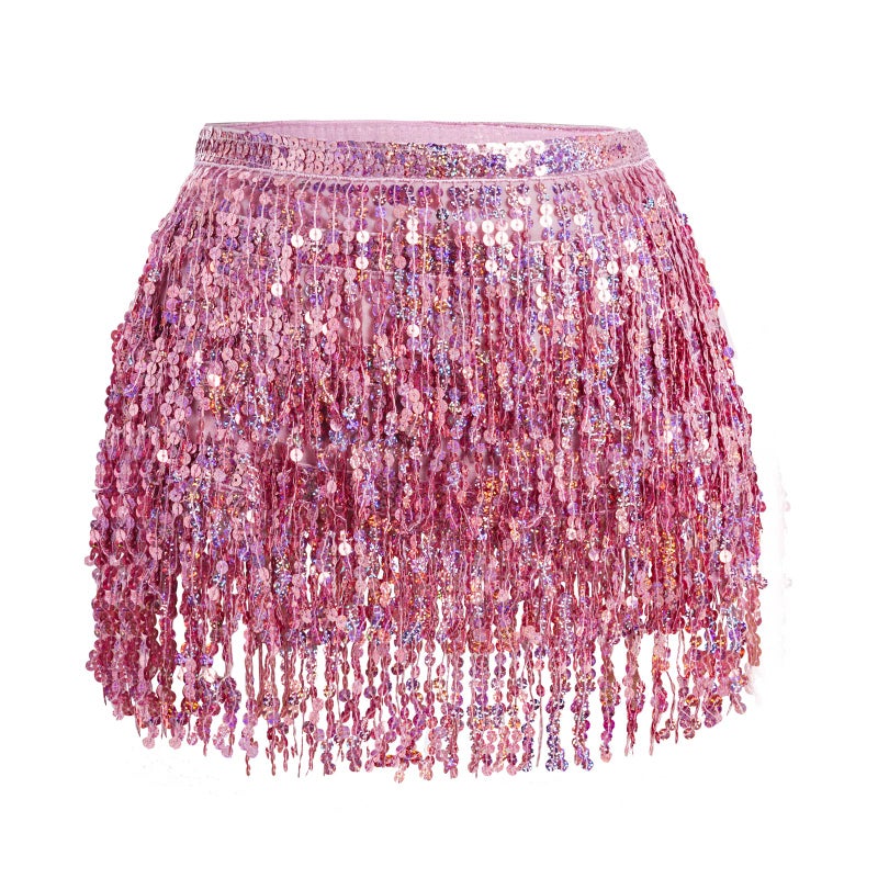 SUMERSHA Belly Dance Hip Scarf Sequin Tassel Skirt Performance Outfits Sparkly Fringe Wrap Halloween Costume Party Rave Festival Rave Skirt for Women and Girls, Pink - Image 1