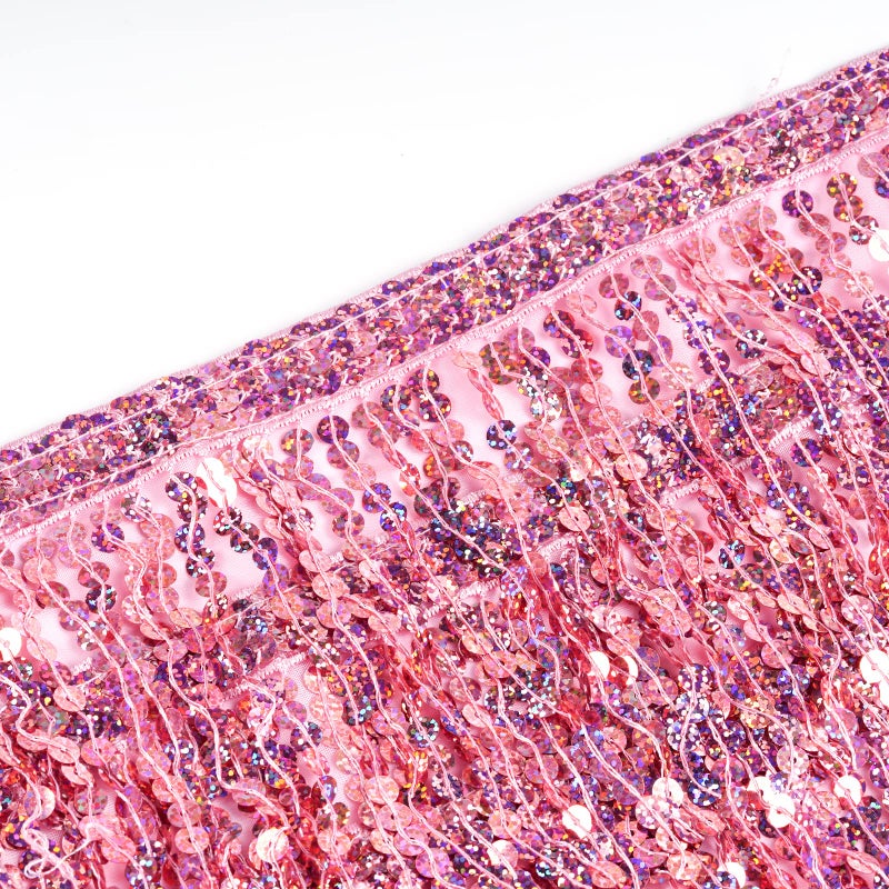 SUMERSHA Belly Dance Hip Scarf Sequin Tassel Skirt Performance Outfits Sparkly Fringe Wrap Halloween Costume Party Rave Festival Rave Skirt for Women and Girls, Pink - Image 4