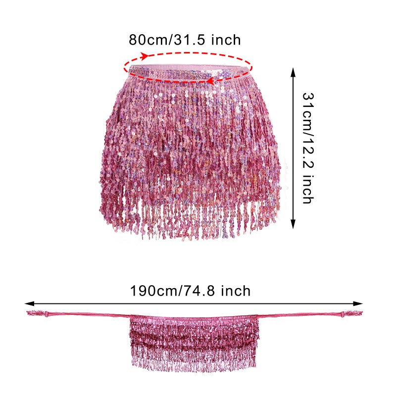 SUMERSHA Belly Dance Hip Scarf Sequin Tassel Skirt Performance Outfits Sparkly Fringe Wrap Halloween Costume Party Rave Festival Rave Skirt for Women and Girls, Pink - Image 2