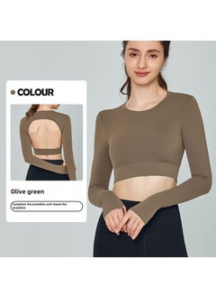 Ningbo Dashu New Autumn and Winter Long Sleeve Yoga Suit Womens Water Drops Half Fixed Cup Running Fitness Tight Sports Top Olive green