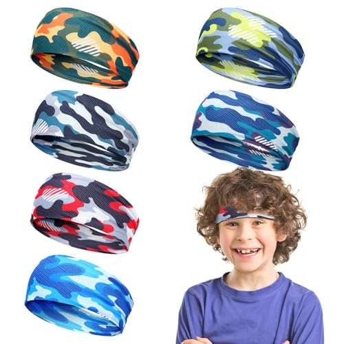 MADHOLLY Sweatbands for Kids - Non Slip Breathable Kids Athletic Sweatband Football Headband for Boys Girls 4 5 6 7 8 9 10 Years Gifts, Milk Silk Elastic Sweat Absorbing Hairband, Camouflage - Image 1
