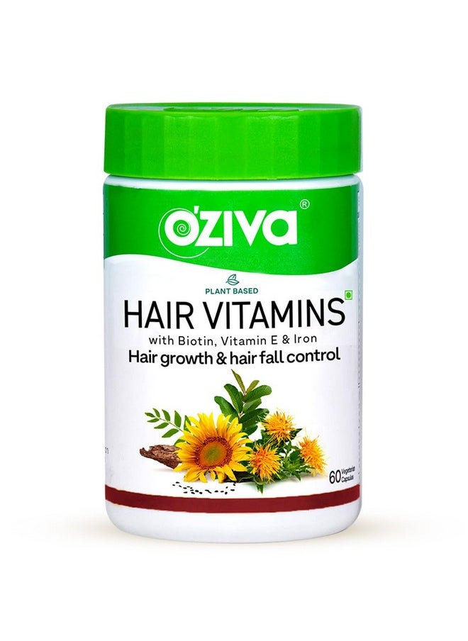 OZiva Plant Based Hair Vitamins Hair Vitamins For Hair Growth & Better Hair Health (With Omega3 Biotin & Vitamin E For Hair) Certified Clean & Vegan 60 Capsules  - Image 1