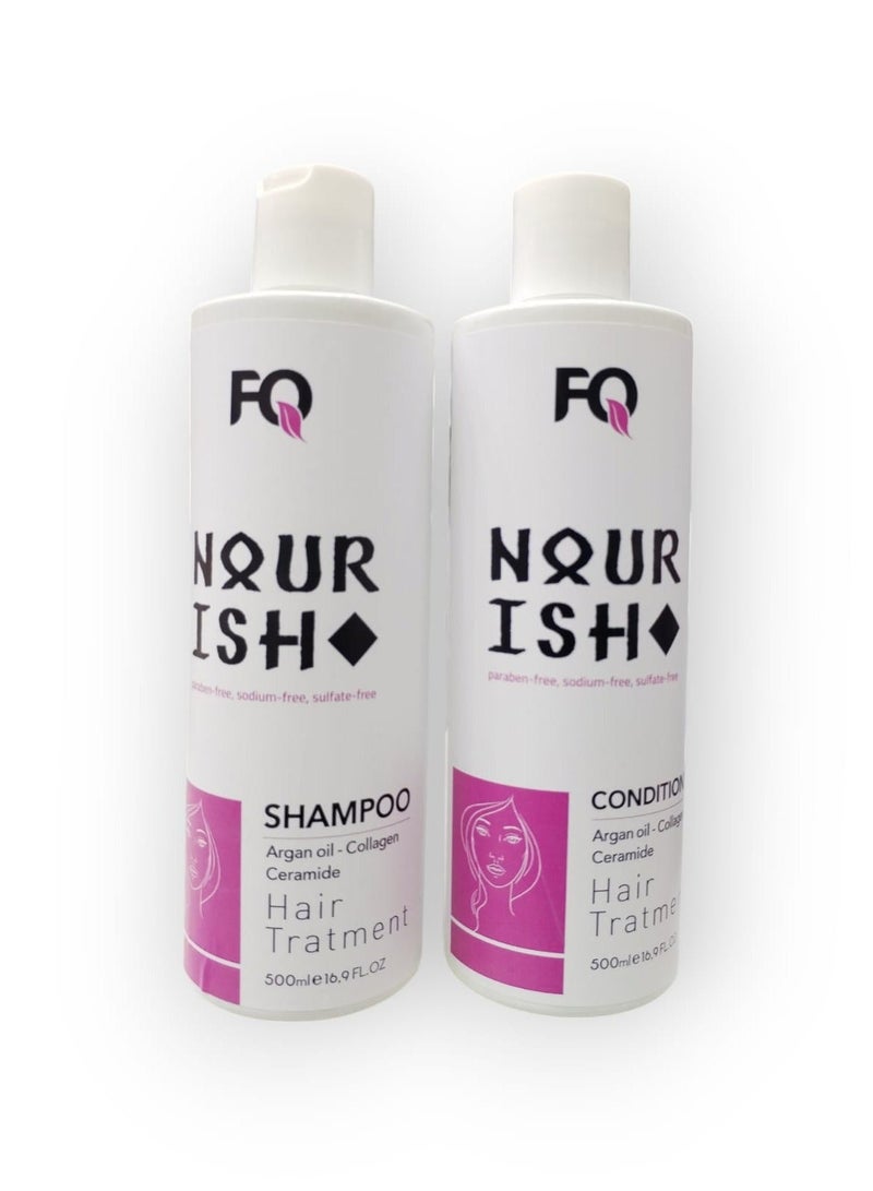 أف كيو مجموعة العنايه بالشعر لحماية الشعر من التساقط والتقصفات بمسحضرات طبيعيه بالولاجين وزيت الارغان شامبو500مل وبلسم500 مل - Image 1