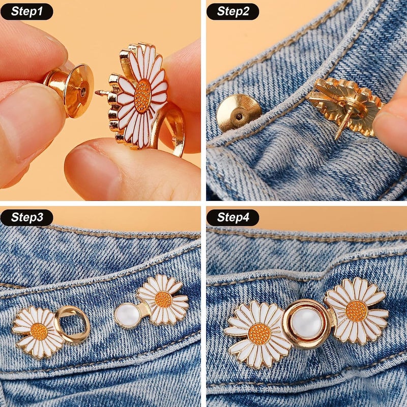 HEAVY DRIVER ® 2pcs Pant Waist Tightener, Adjustable Waist Buckle Set, Extra Button for Jeans to Make Tighter, Instant Jeans Button Pins for Pants Jeans Skirts, No Sewing Required (Daisy Flower - W) - Image 4