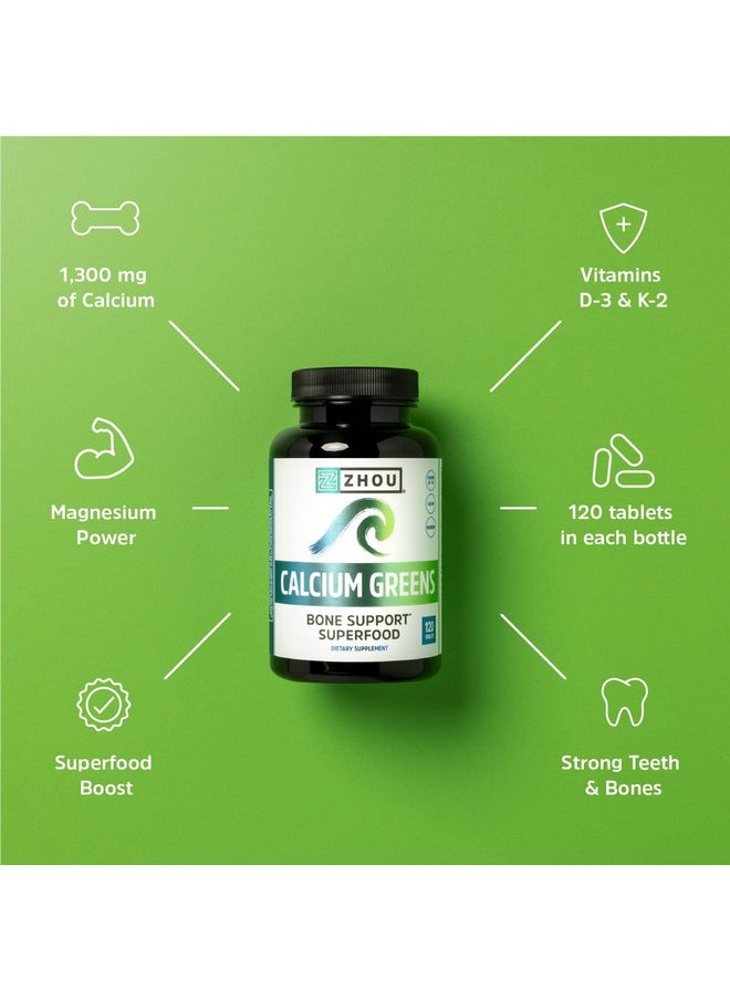 Zhou Nutrition Calcium Greens Bone Support Superfood Calcium Magnesium Supplement From Algae Vitamin D3 K2 1300Mg Of Calcium 120 Tablets  - Image 5