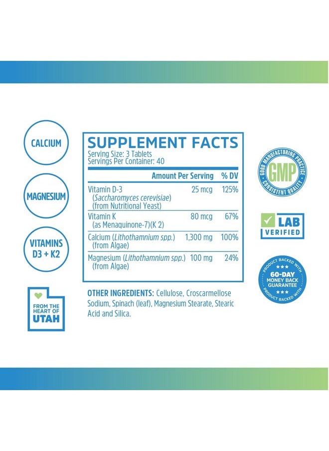 Zhou Nutrition Calcium Greens Bone Support Superfood Calcium Magnesium Supplement From Algae Vitamin D3 K2 1300Mg Of Calcium 120 Tablets  - Image 3