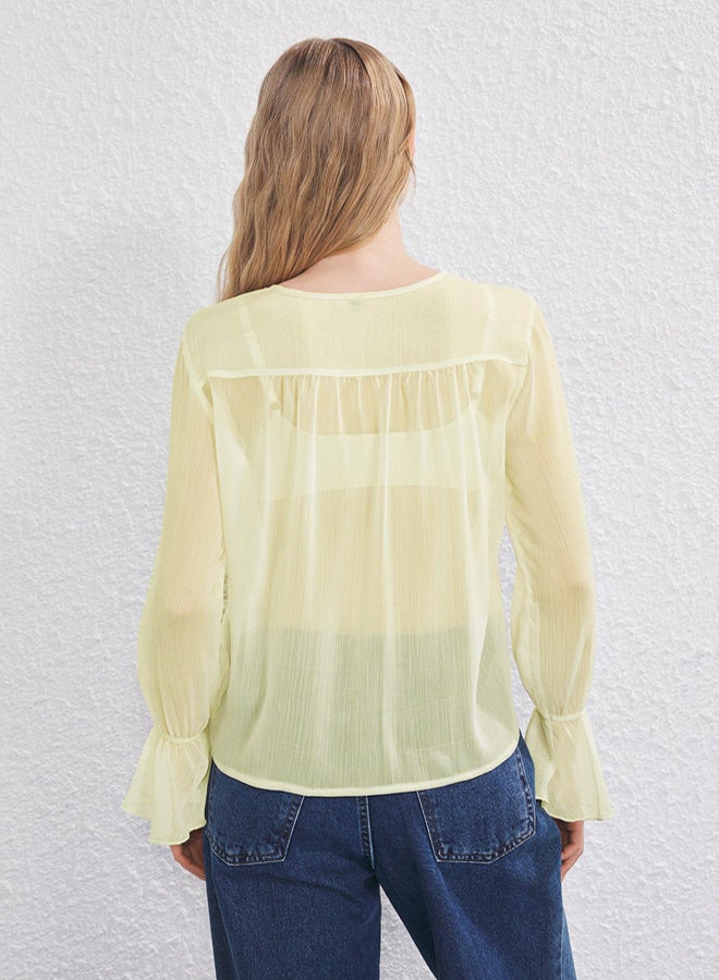 trendyol Light Yellow Chiffon Ruffle and Rubber Detail Shirt - Image 4