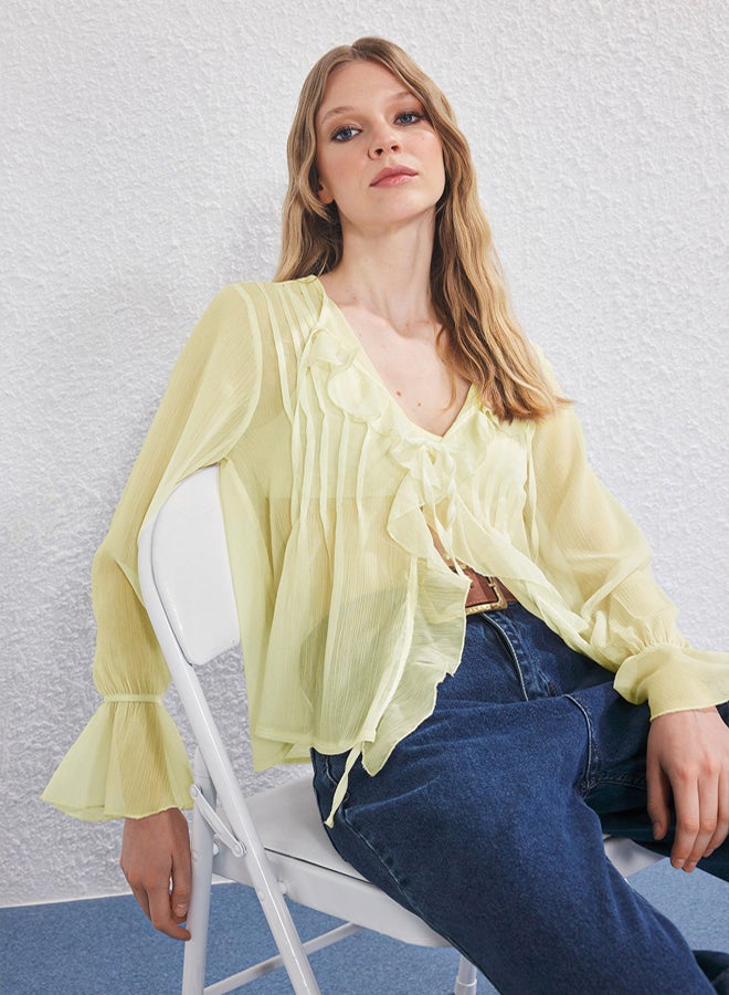 trendyol Light Yellow Chiffon Ruffle and Rubber Detail Shirt - Image 2