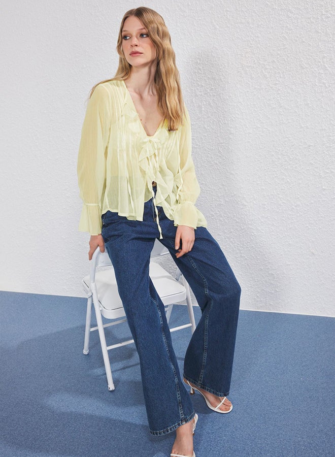 trendyol Light Yellow Chiffon Ruffle and Rubber Detail Shirt - Image 1