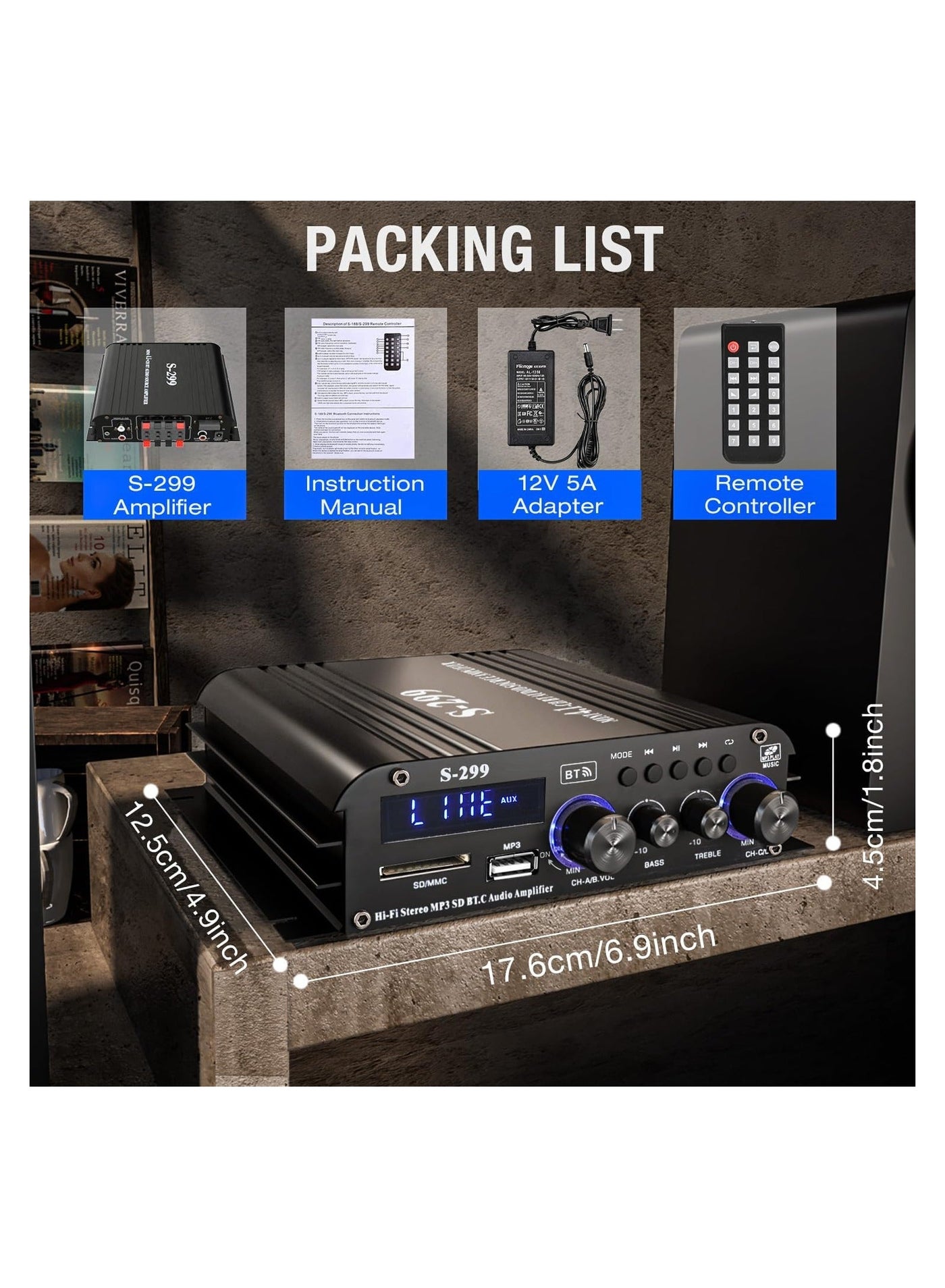 S-299 4.1CH Bluetooth Power Amplifier Active Subwoofer Output (NOT Passive Subwoofer), Max 800W RMS 40W x 4 Subwoofer Amplifier Hi-Fi Integrated Mini Speaker Amp Audio Sub Bass Amp (UK Regulatory)