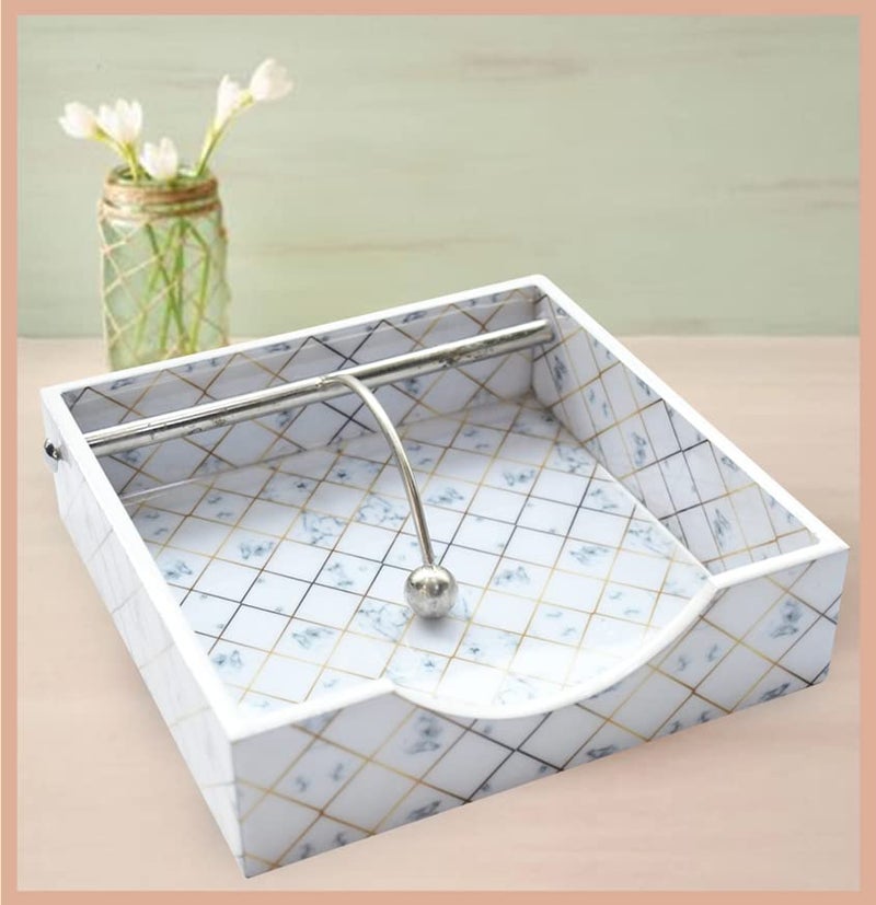 Tranquil Square Modern White Marble and Gold Design Napkin Holder Tissue Paper Rack for Kitchen Dining - Image 1