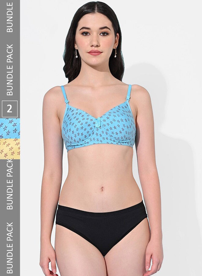 FIMS Pack Of 2 Printed Cotton Lingerie Set - Blue and Yellow - Image 1