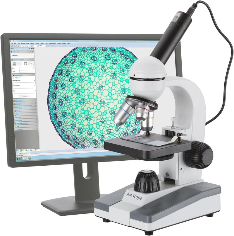 AmScope AmScope M148E Digital Compound Monocular Microscope WF10x Eyepiece 40x400x Magnification LED Illumination Brightfield SingleLens Condenser Plain Stage 110V or BatteryPowered Includes 03MP Camera and Software  - Image 1