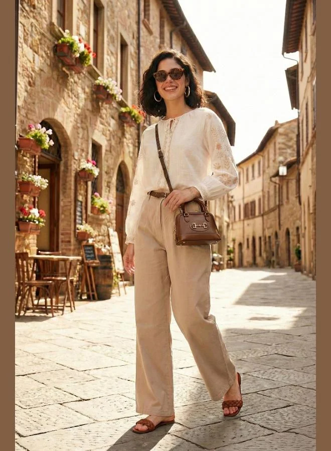 Lela Lela Cotton Wide Leg High Waist Wide Leg Belted Trousers Women's Pants 668YP5429