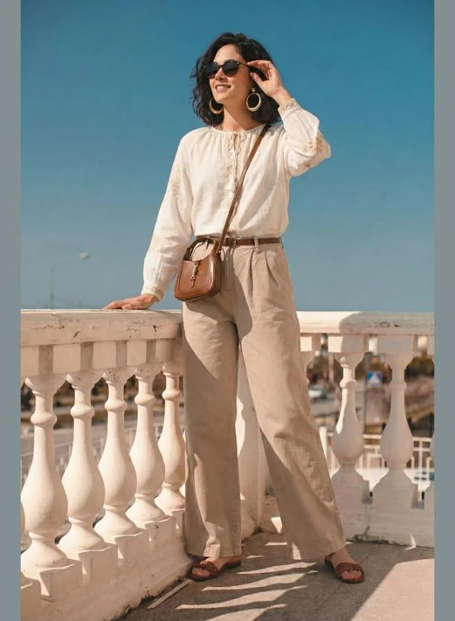 Lela Lela Cotton Wide Leg High Waist Wide Leg Belted Trousers Women's Pants 668YP5429