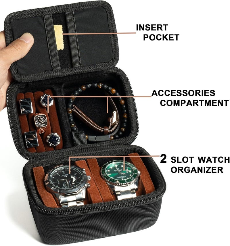 RIGICASE 2 slots Watch travel case, with accessories compartment for rings cufflinks watch band, Hard Portable Watch box holder Organizer with soft pillow fit up to 55mm | custom insert for rings,necklace,braclet, anti-move watch pillow, hardshell and drable 1680d fabric. - Image 4