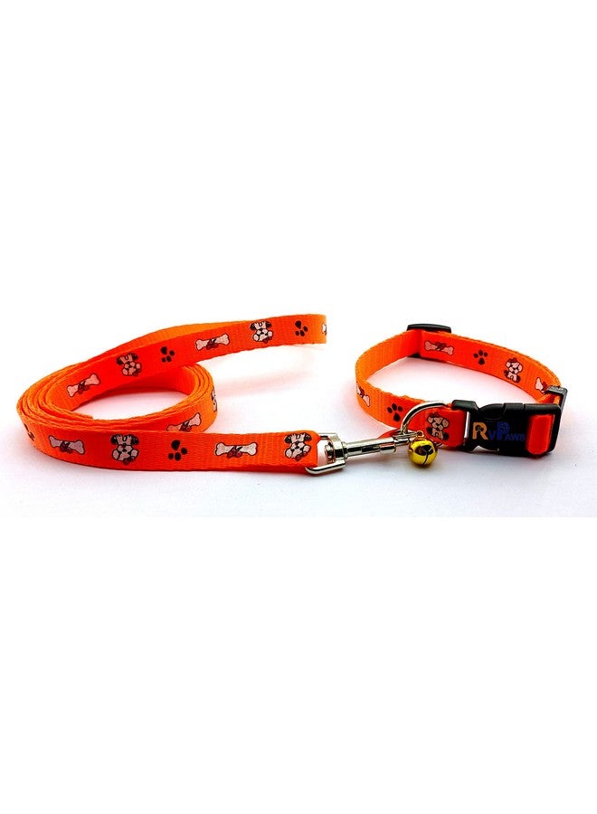 طقم حزام طوق ومقود من النايلون الناعم مطبوع عليه مخلب/عظمة مقاس 15 مم للكلاب الصغيرة والجراء - برتقالي - Image 2