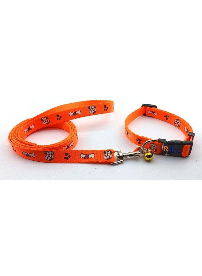 طقم حزام طوق ومقود من النايلون الناعم مطبوع عليه مخلب/عظمة مقاس 15 مم للكلاب الصغيرة والجراء - برتقالي - Image 1