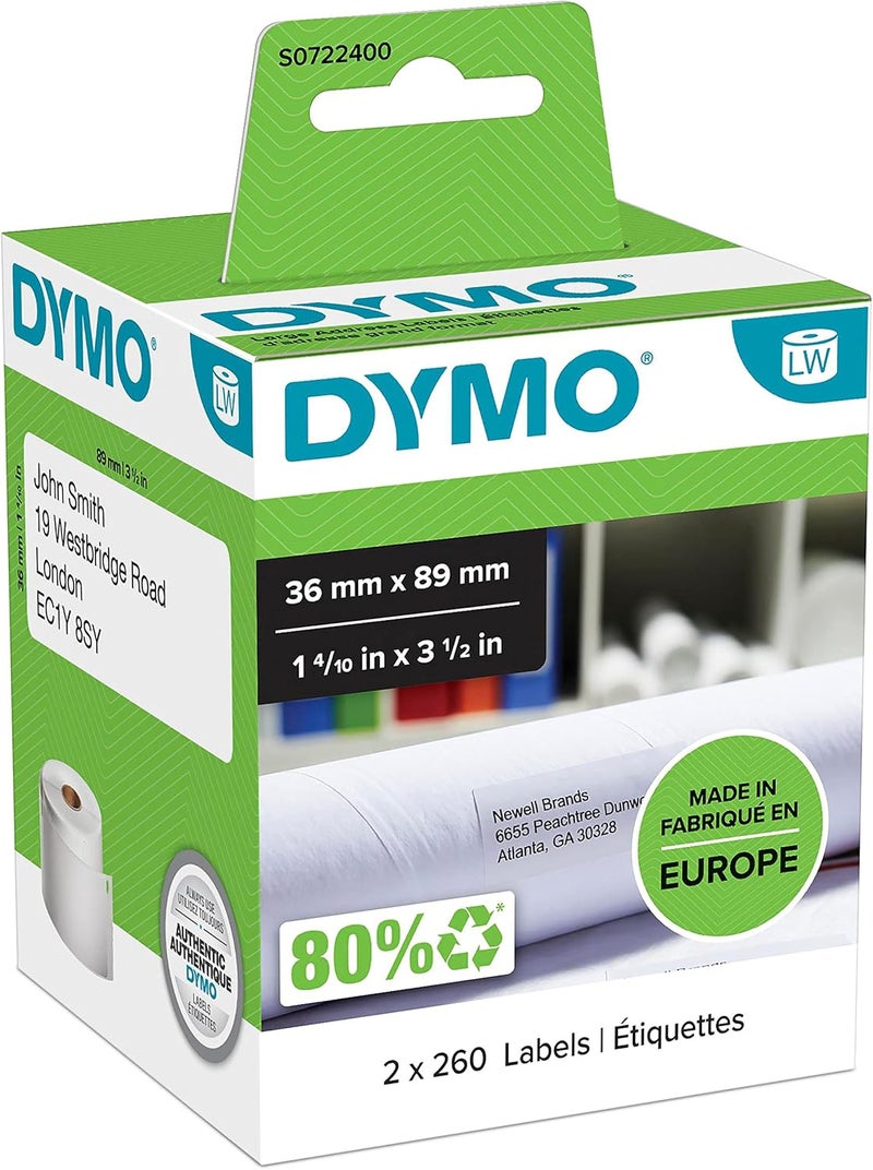 DYMO Large Address Labels - 2 Rolls of 260 Labels, 36mm x 89mm, White Print on Black, Self-Adhesive for Label Manager Printers - Image 1