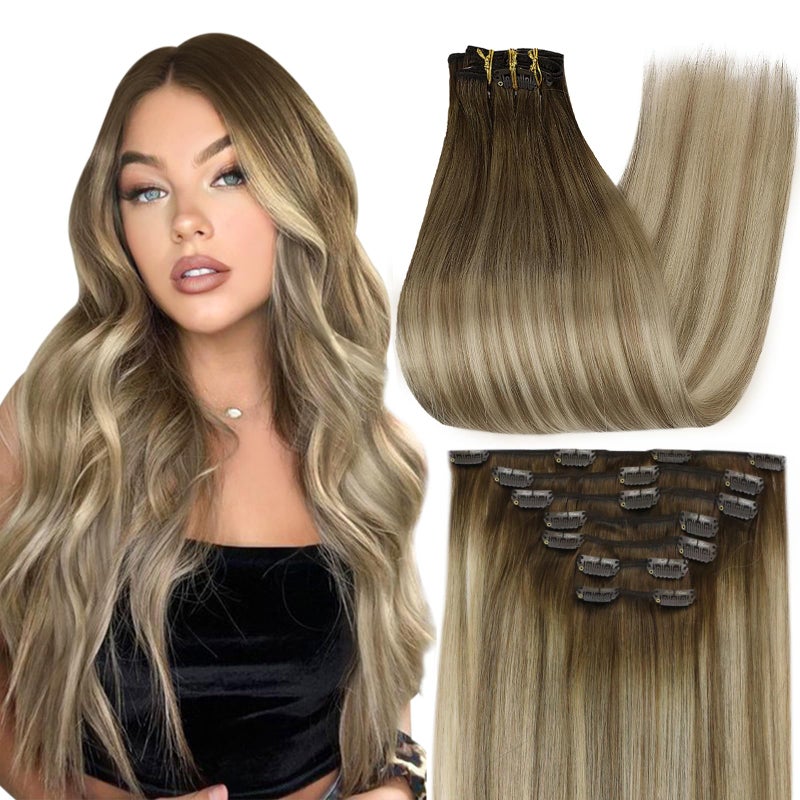 Full Shine Human Hair Clip in Extensions Brown Balayage Remy Hair Extensions Balayage Brown to Blonde Ombre Clip in Hair Extensions 16 Inch 7 Pcs 120 G