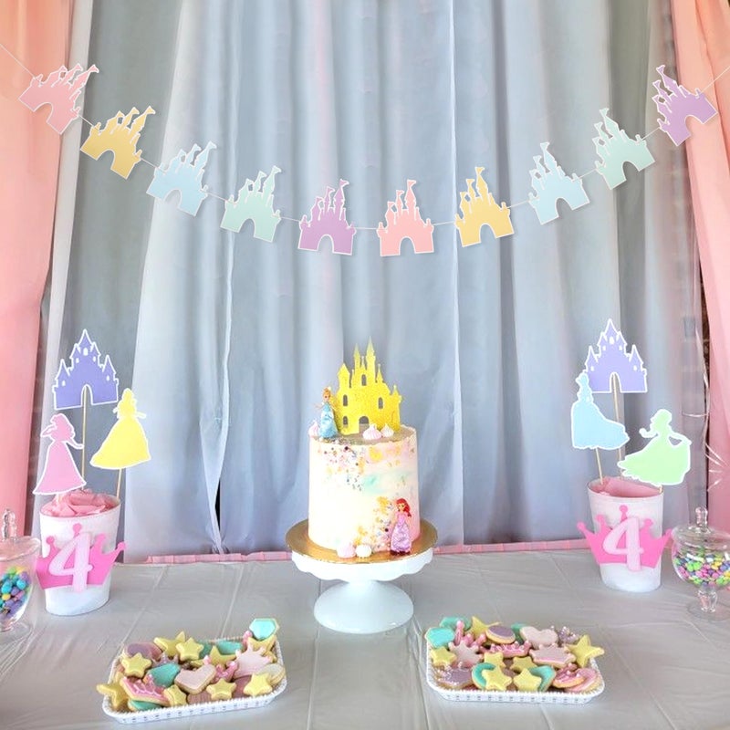 LINGANA Colorful Castle Banner - Princess Birthday Party Decorations, Magic Castle Garland,Theme Party Photo Props,Princess Room Castles Hanging Banner - Image 1