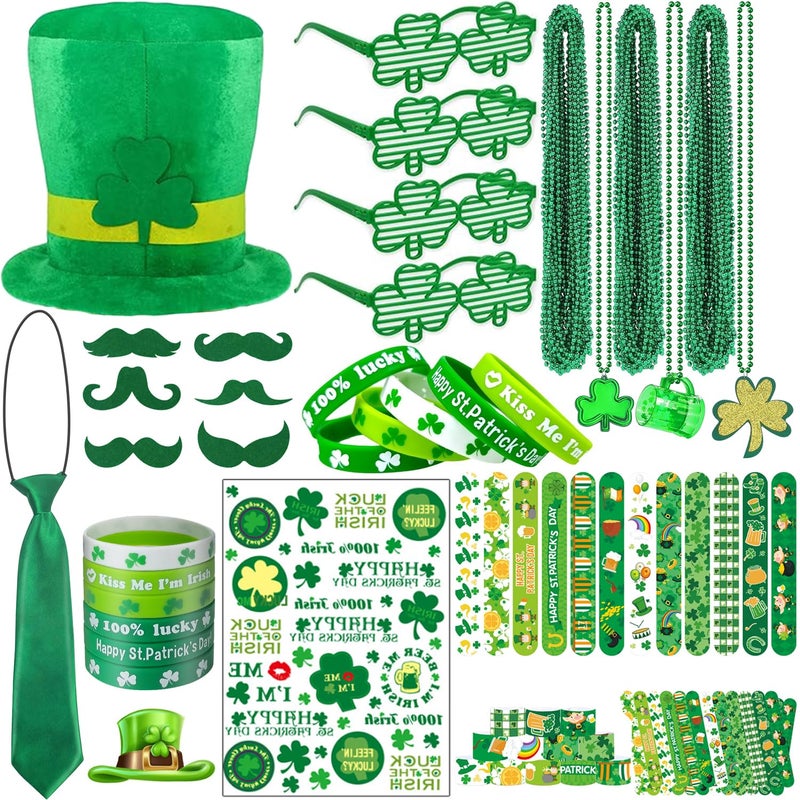 LENOAPHYS St Patricks Day Accessories for Women St Pattys Accessories Decorations Party Favor Packs Bulk Hat Tie Green Beard Tattoo Stickers Glasses Necklace Beads Slap Bracelets - Image 1