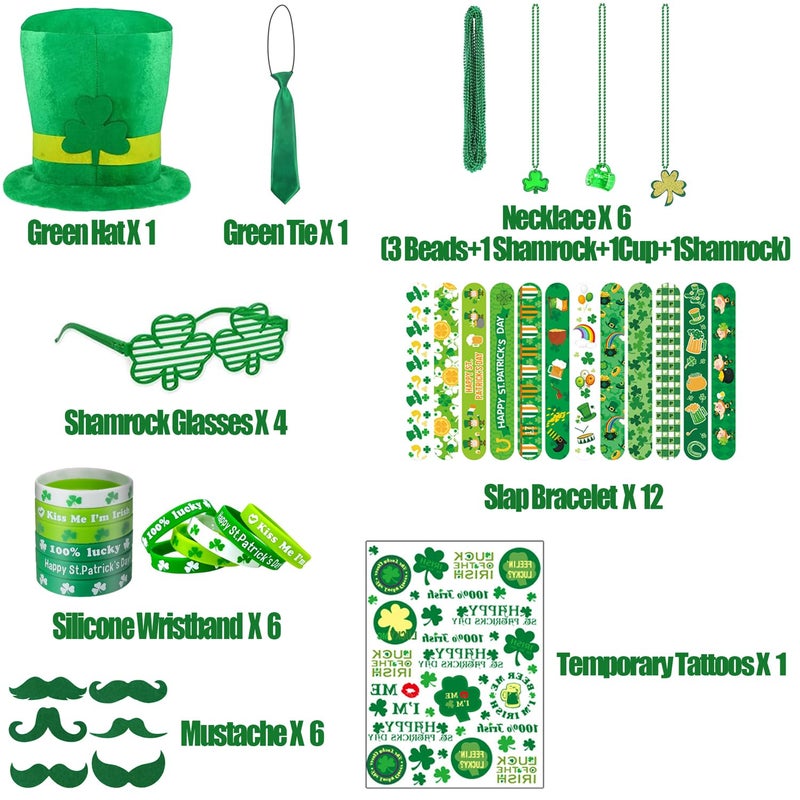 LENOAPHYS St Patricks Day Accessories for Women St Pattys Accessories Decorations Party Favor Packs Bulk Hat Tie Green Beard Tattoo Stickers Glasses Necklace Beads Slap Bracelets - Image 2