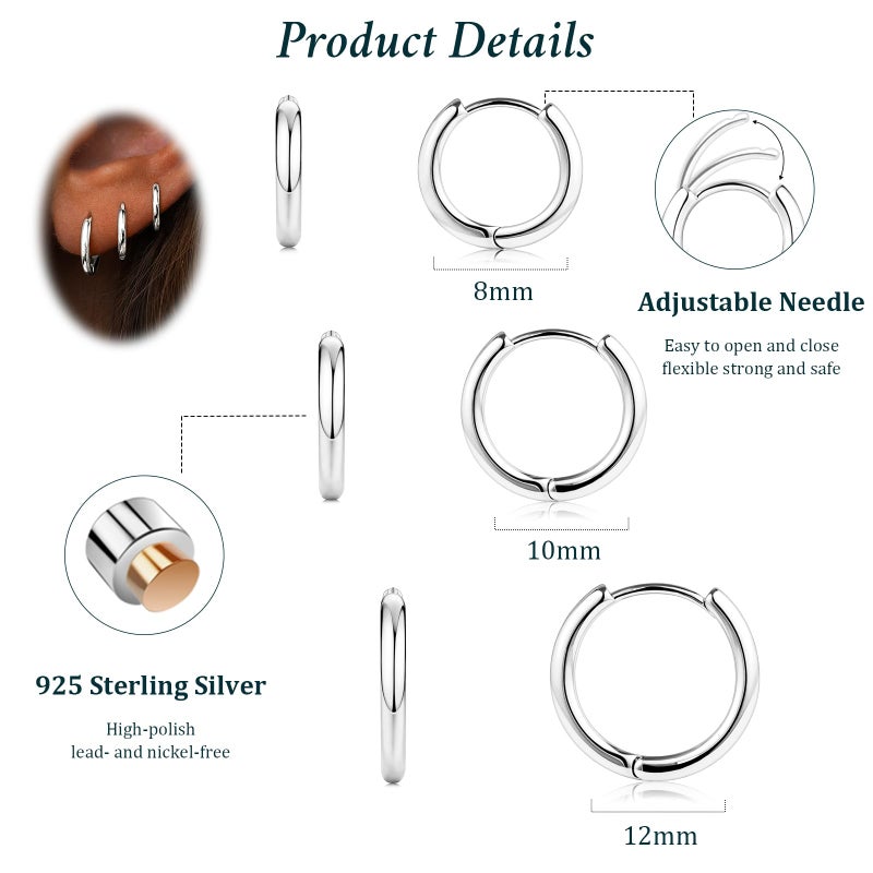 Poxtex Small Sterling Silver Huggie Hoop Earrings Set for Women, Hypoallergenic Simple Hoops Stacks for Multiple Piercings, Dainty Cute Lightweight Cartilage Jewelry Gift for Sensitive Ears 8/10/12mm - Image 4
