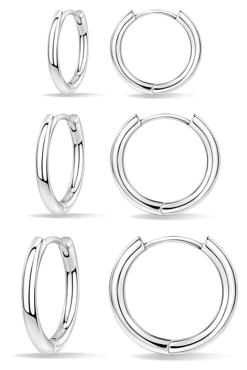 Poxtex Small Sterling Silver Huggie Hoop Earrings Set for Women, Hypoallergenic Simple Hoops Stacks for Multiple Piercings, Dainty Cute Lightweight Cartilage Jewelry Gift for Sensitive Ears 8/10/12mm - Image 1
