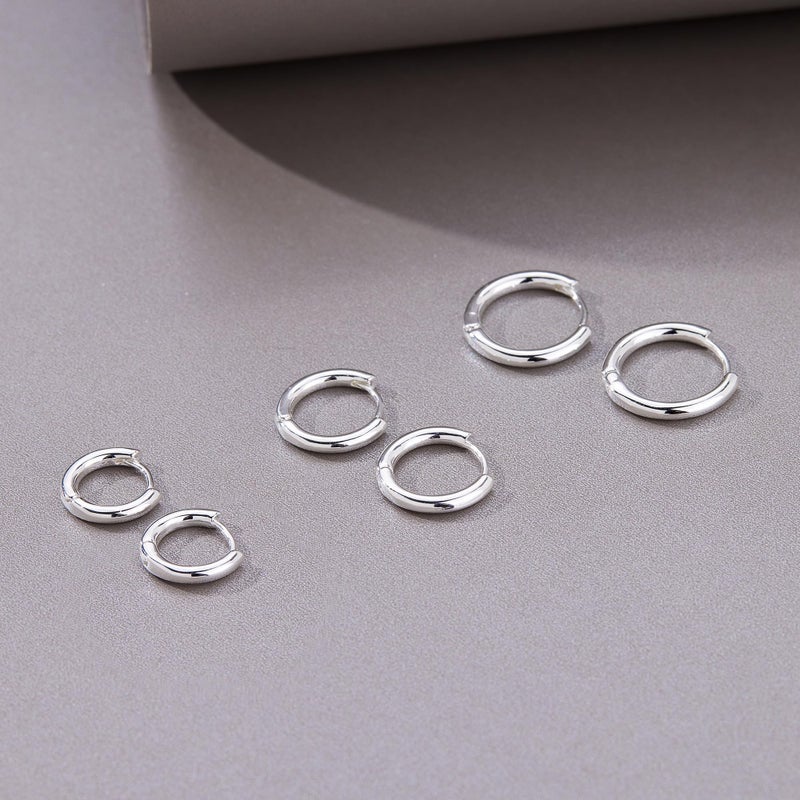 Poxtex Small Sterling Silver Huggie Hoop Earrings Set for Women, Hypoallergenic Simple Hoops Stacks for Multiple Piercings, Dainty Cute Lightweight Cartilage Jewelry Gift for Sensitive Ears 8/10/12mm - Image 5