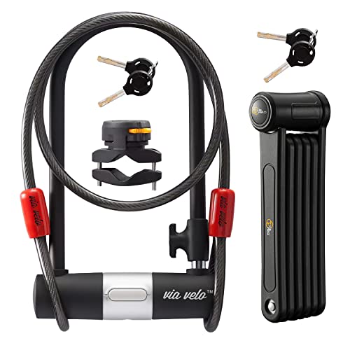 Via Velo 2 Electric Bike Bike Lock Set | Same Key System 4 Keyed Alike keys, Heavy-Duty Hard Steel | 33.5" Folding Lock | 11" Bicycle ULock | 6' Cable | for Electric Bike Fat Tire Scooter Folding Bike - Image 1