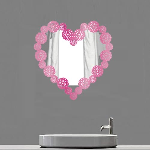 HEUREKA Pink Color Heart Shape with Flower Design Self Adhesive Wall Acrylic Mirror Sticker (25 CM x 25 CM) - Image 4