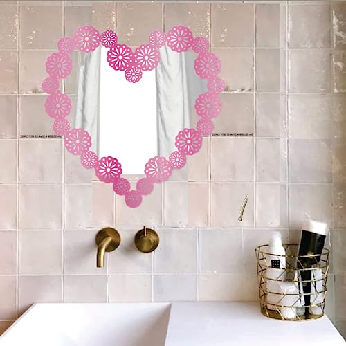 HEUREKA Pink Color Heart Shape with Flower Design Self Adhesive Wall Acrylic Mirror Sticker (25 CM x 25 CM) - Image 3