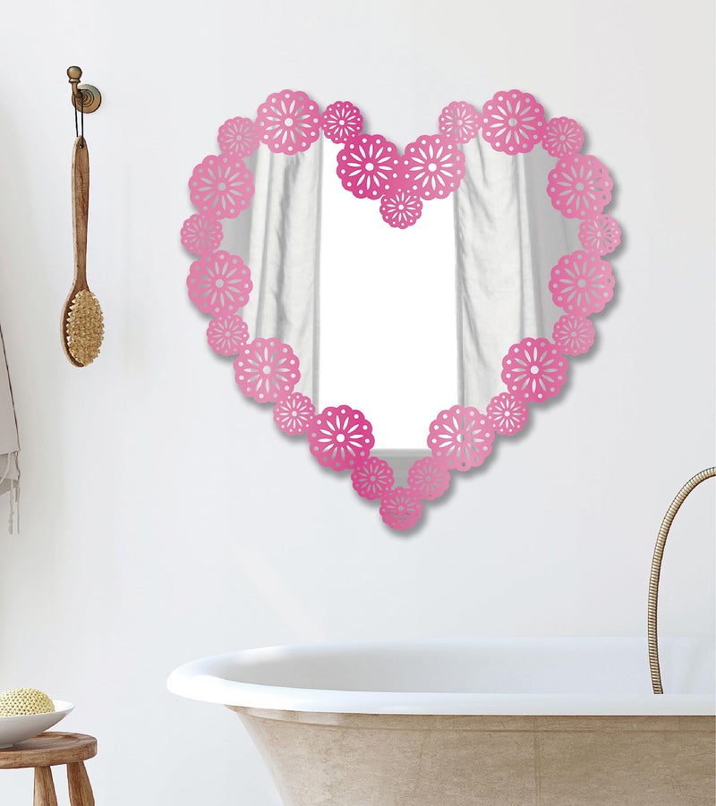 HEUREKA Pink Color Heart Shape with Flower Design Self Adhesive Wall Acrylic Mirror Sticker (25 CM x 25 CM) - Image 1
