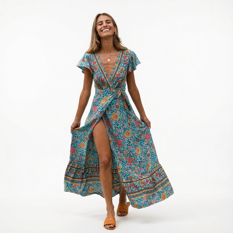 Sexy V-Neck Open Front Waist Printed Dress