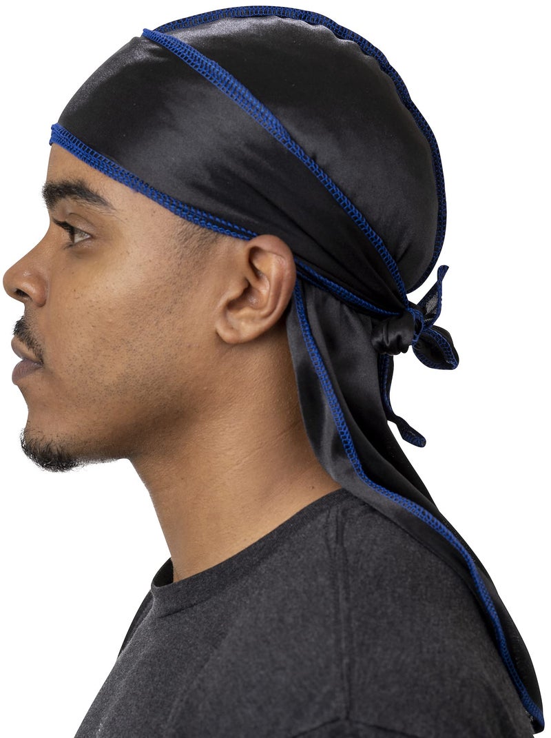Veeta Superior Silk Durag - Smooth Silk Durag for Men & Women, Long Double Wide Straps, Outside Seam Triple Stitch Du Rag (Blue Dart) - Image 1