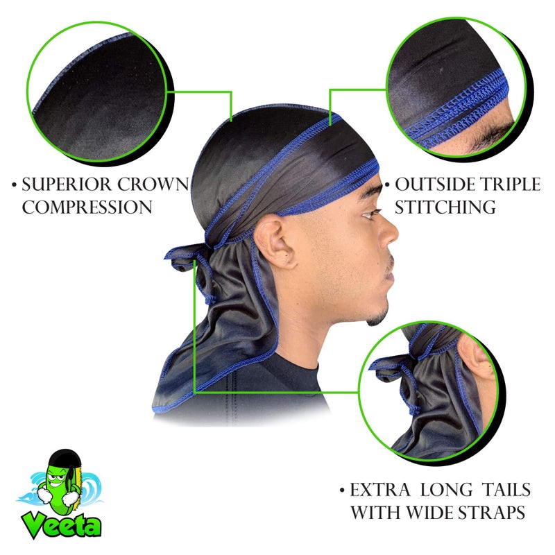 Veeta Superior Silk Durag - Smooth Silk Durag for Men & Women, Long Double Wide Straps, Outside Seam Triple Stitch Du Rag (Blue Dart) - Image 3
