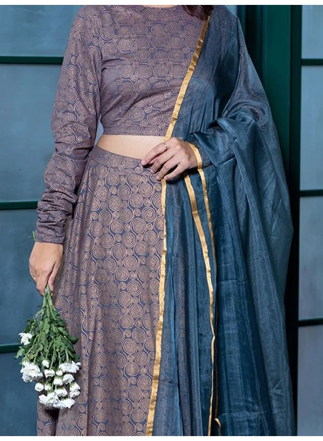 AKS Grey And Gold-Toned Printed Lehenga Choli With Blue Dupatta