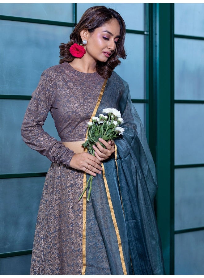 AKS Grey And Gold-Toned Printed Lehenga Choli With Blue Dupatta - Image 1