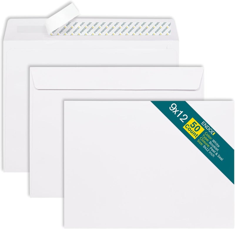 EnDoc 9x12 Booklet Envelopes Self Seal - 50 pack - Mailing Large Envelopes 9 x 12 Peel & Seal Closure - Open-Side Blank Plain White 28 lb Paper, for Home, Office and Business - Image 1