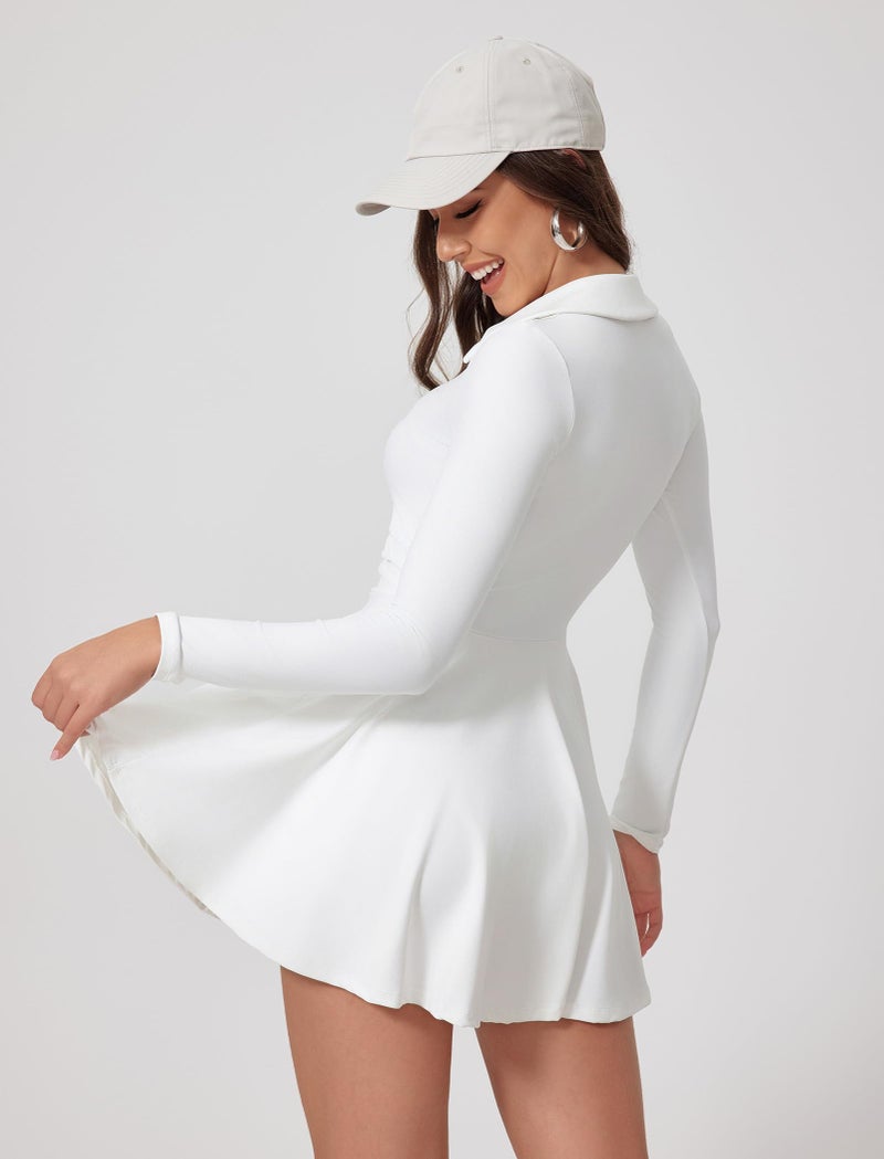 AGYMNX Tennis Dress for Women Long Sleeve Athletic Dress with Built in Shorts Golf Dress Workout Dresses with Pockets White L - Image 2
