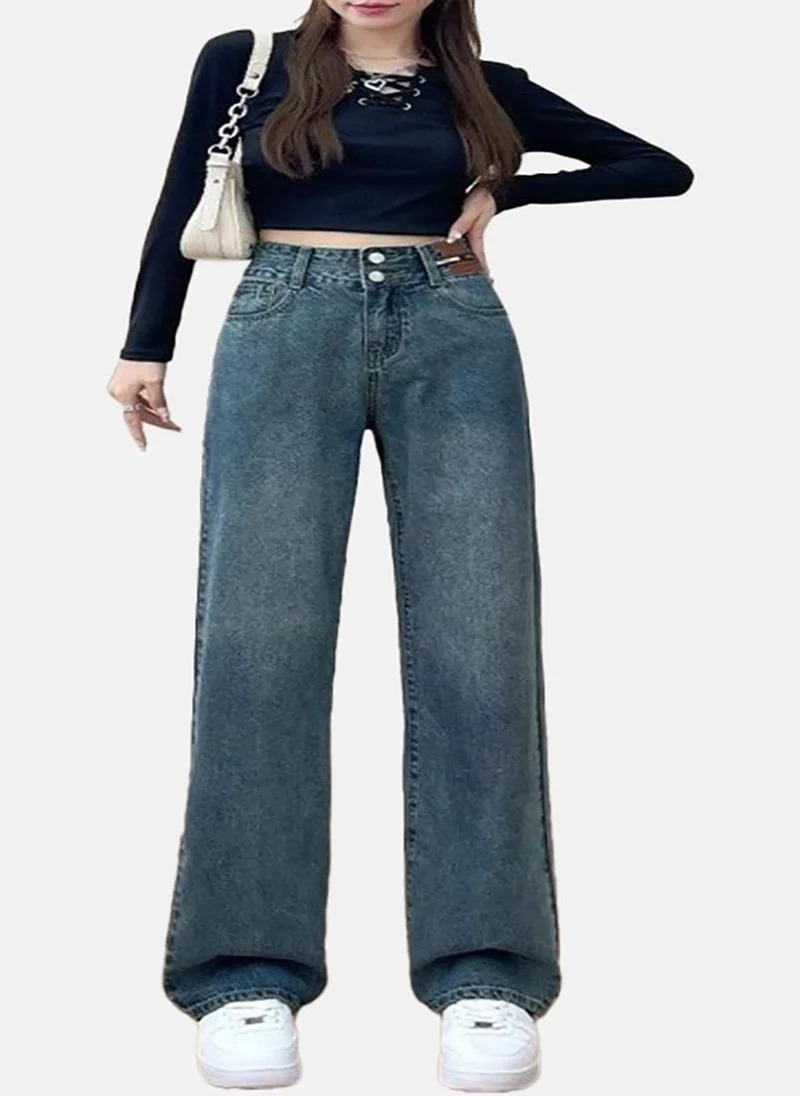 YUNIQEE Blue Solid Mid Rise Straight Fit Straight Jeans