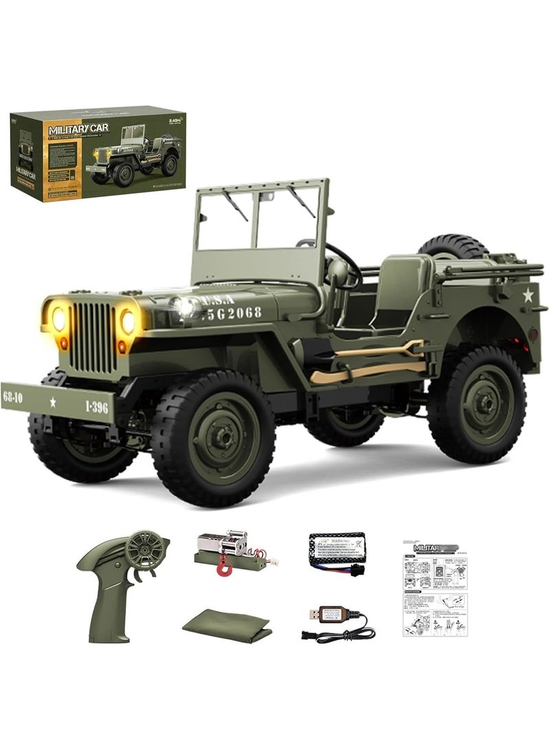 RC Truck 1/10 Scale Willys MB Military Jeep 4x4 Off-Road Rock Crawler | Full Proportional LED Lights | Remote Controlled Car | Adult & Kids Birthday Gift - Image 1